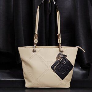 Cream Shoulder Carry-All Tote Bag with Contrast Black Accents, Silver Hardware